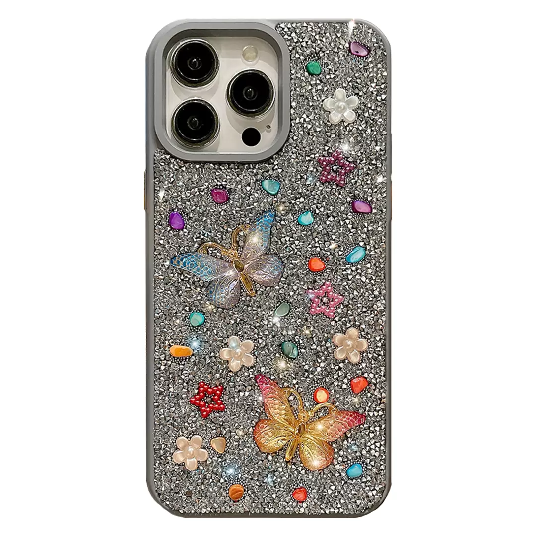 iPhone 13 Pro Max Butterfly and Diamond Bling Case Light Gray